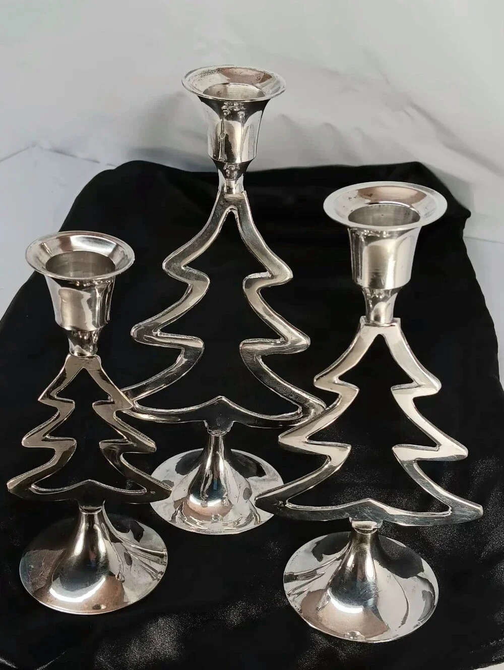 Silver Plated Christmas Tree Candle Holders - Set of 3